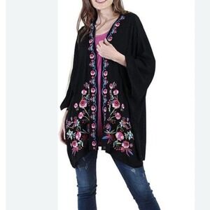 Umgee Casual Black Floral Embroidered Kimono Cardigan Coverup Size M/L